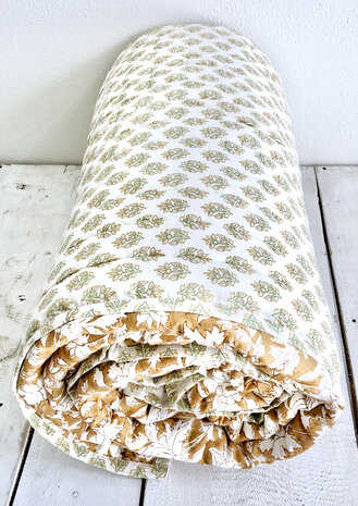 deken quilt eenpersoons reversible blockprint 3- caramel/pastelgroen-beige