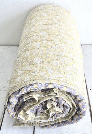 deken quilt eenpersoons reversible blockprint 4- grijsblauw-geel/mosterd-wit