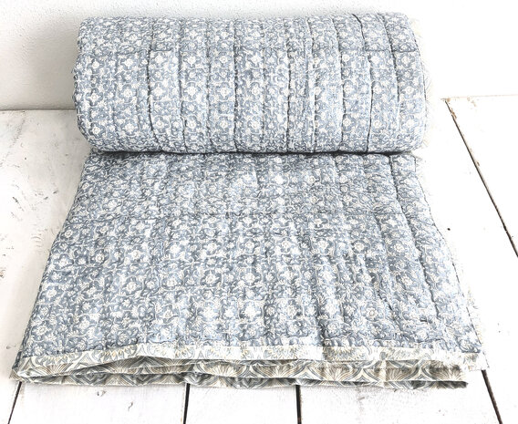 deken quilt eenpersoons reversible blockprint 4- grijsblauw-geel/mosterd-wit