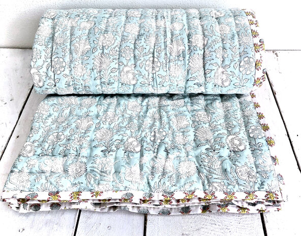 deken quilt eenpersoons reversible blockprint 6- l.aqua/roze-khaki-l.blauw