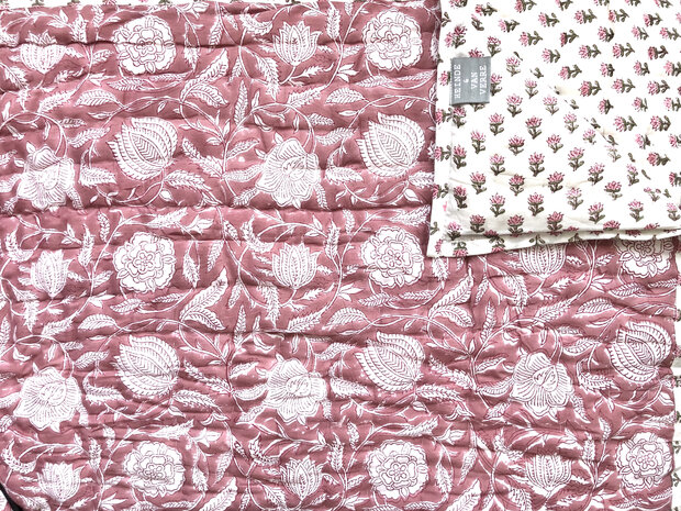 deken quilt tweepersoons reversible blockprint 8- framboos rood/roze-groen