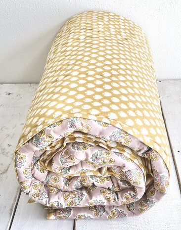 deken quilt tweepersoons reversible blockprint 9- lila-aqua/okergeel