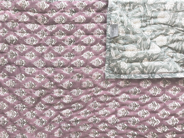 deken quilt tweepersoons reversible blockprint 10- oud paars/zeegrijs