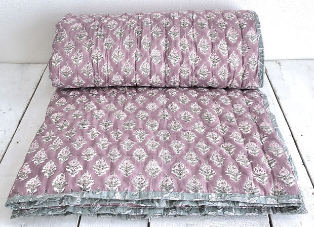 deken quilt eenpersoons reversible blockprint 10- oud paars-roze/zeegrijs-groen