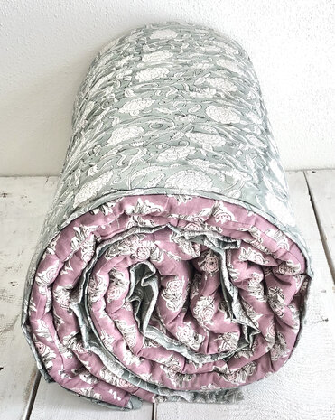 deken quilt eenpersoons reversible blockprint 10- oud paars-roze/zeegrijs-groen