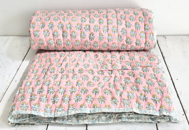 deken quilt eenpersoons reversible blockprint 11-  zuurstokroze-turq./aqua-khaki
