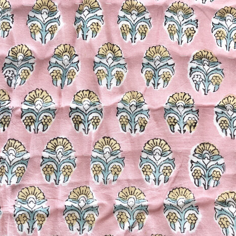deken quilt eenpersoons reversible blockprint 11-  zuurstokroze-turq./aqua-khaki