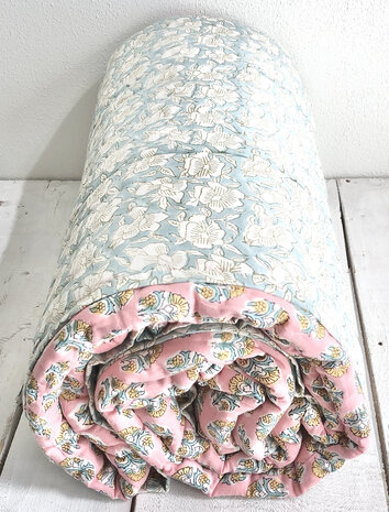 deken quilt eenpersoons reversible blockprint 11-  zuurstokroze-turq./aqua-khaki