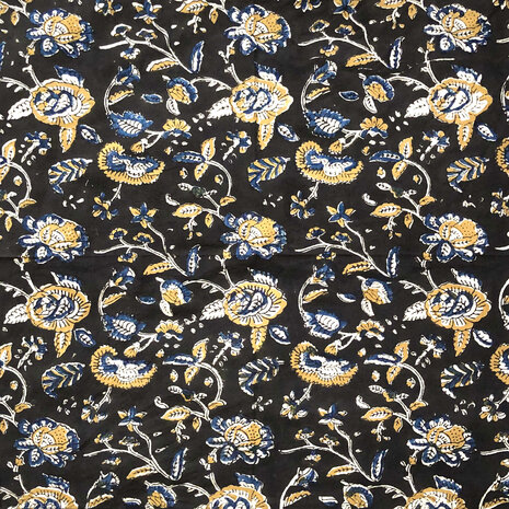 sjaaltje/zakdoek katoen vierkant 1- zwart/oker/blauw gebloemd