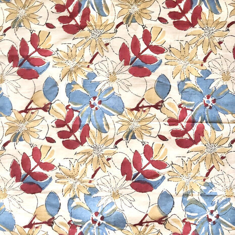 sjaaltje/zakdoek katoen vierkant 2- beige/oker/rood/blauw gebloemd