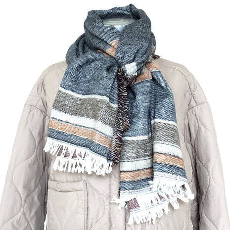 sjaal mixed wool 1- reversible streep grijs/rood/terra/zwart