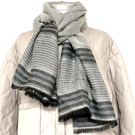 sjaal mixed wool 3- grijs/off-white/antraciet diagonale streep