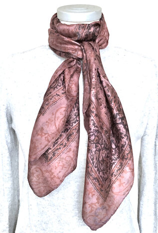 sjaal zijde vierkant met blockprint- 5- oud roze/aubergine gebloemd