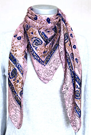 sjaal zijde vierkant met blockprint-12- roze/indigo
