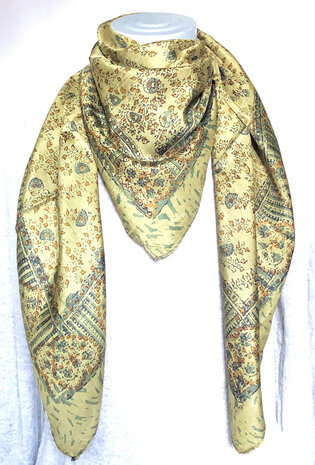 sjaal zijde vierkant met blockprint 7- goudgroen/bruin gebloemd