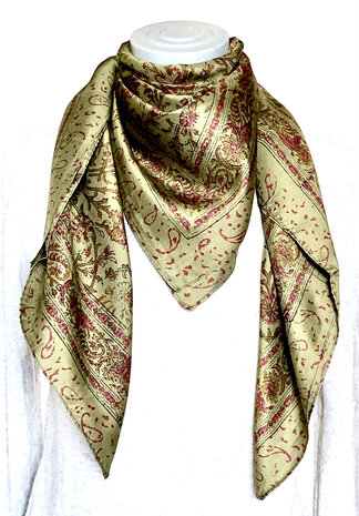 sjaal zijde vierkant met blockprint 8- armygroen/roze gebloemd