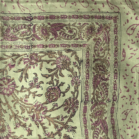 sjaal zijde vierkant met blockprint 8- armygroen/roze gebloemd