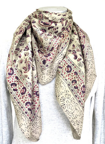 sjaal zijde vierkant met blockprint 9- licht beige/paars/roze gebloemd