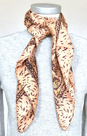 sjaal zijde vierkant met blockprint 10- abrikoos/paars  gebloemd