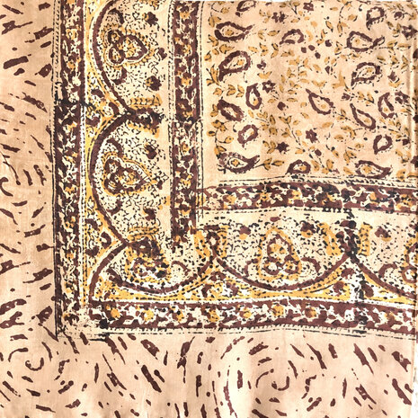 sjaal zijde vierkant met blockprint 10- abrikoos/paars  gebloemd