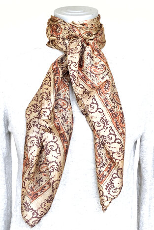 sjaal zijde vierkant met blockprint 11- goudgeel/oranje/paars gebloemd