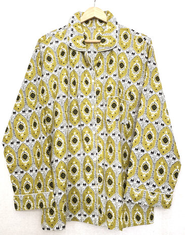 pyjamaset blockprint katoen 3- groen-oker/zwart