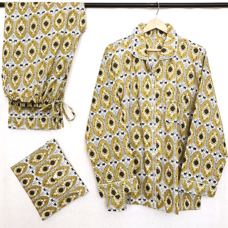 pyjamaset blockprint katoen 3- groen-oker/zwart
