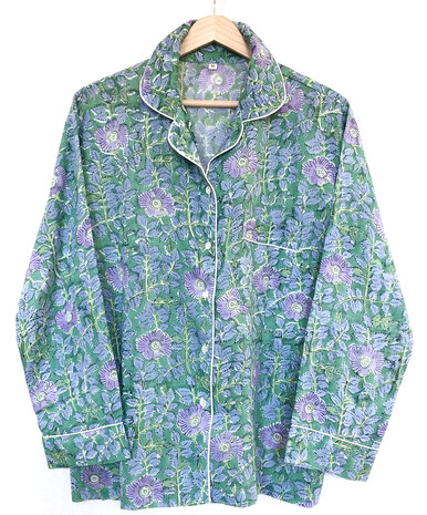pyjamaset blockprint katoen 4- groen/lila/roze