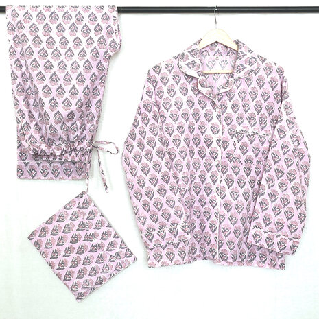 pyjamaset blockprint katoen 5-roze/grijs-groen