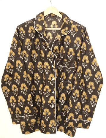 pyjamaset blockprint katoen 7- donkerbruin/okergeel