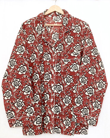 pyjamaset blockprint katoen 9- bessenrood/zwart/beige