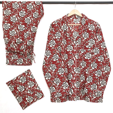 pyjamaset blockprint katoen 9- bessenrood/zwart/beige