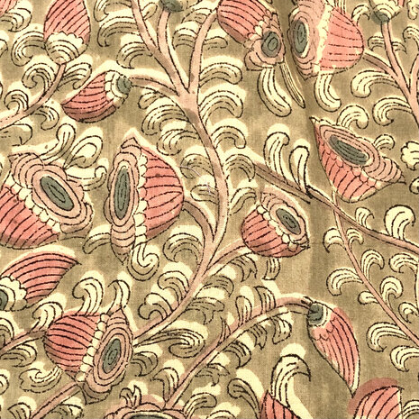 kimono katoen handblockprint 5- khaki groen/oud roze/beige