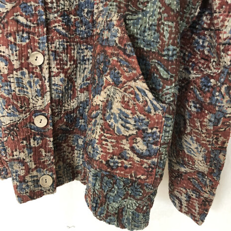 jasje/bomberjack vintage kantha met etnic  Bagru print-5-ossebloed-rood/blauw