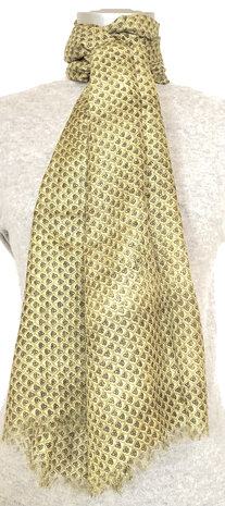 sjaal smal zijde print 5- olijgroen/pastelgeel