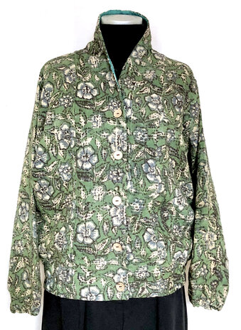 jasje/bomberjack vintage kantha met etnic  Bagru print-4- groen/beige/blauw