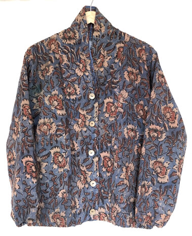 jasje/bomberjack vintage kantha met etnic  Bagru print-6- blauw/bessenrood