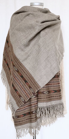 sjaal/omslagdoek wol etnic vintage Kullu naturel taupe/streep