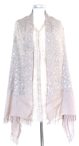 sjaal/omslagdoek wol etnic vintage Kashmir warm beige geborduurd