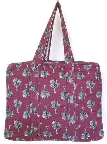 tote bag/tas quilted katoen blockprint 1- bessenrood