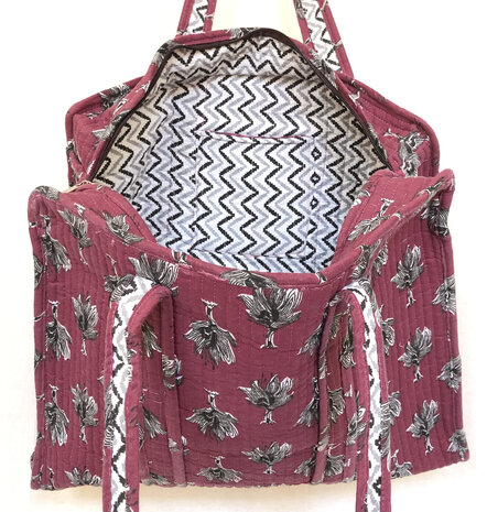 tote bag/tas quilted katoen blockprint 1- bessenrood