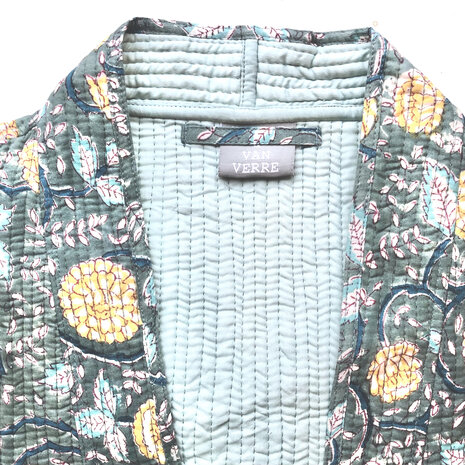  ochtendjas/kimono quilted katoen 6- petrol/aqua/licht geel