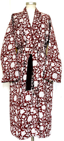  ochtendjas/kimono quilted katoen 3- bessenrood/wit