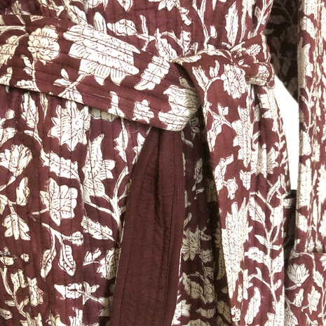  ochtendjas/kimono quilted katoen 3- bessenrood/wit