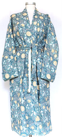  ochtendjas/kimono quilted katoen 6- petrol/aqua/licht geel