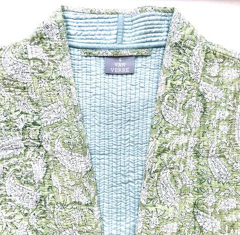  ochtendjas/kimono quilted katoen 14- lindegroen /wit 