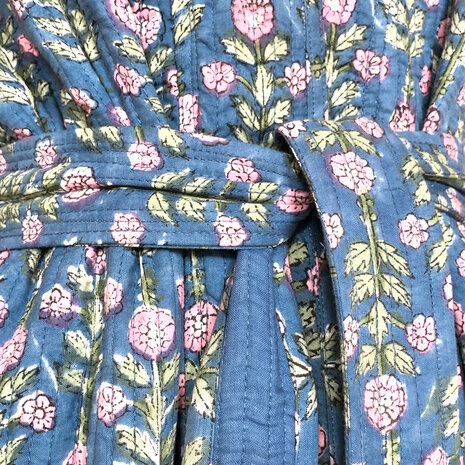  ochtendjas/kimono quilted katoen 15- hemelsblauw/roze/groen