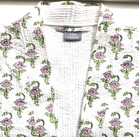  ochtendjas/kimono quilted katoen 16- lichtroze/groen op wit