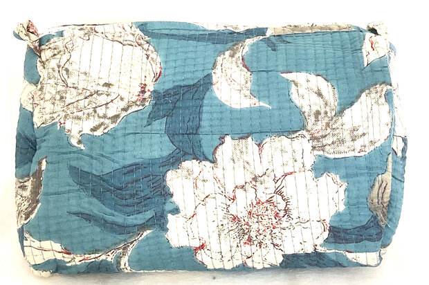 toilettas blockprint soft 9- aqua blauw bloem