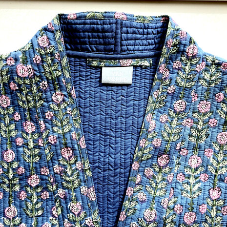  ochtendjas/kimono quilted katoen 15- hemelsblauw/roze/groen